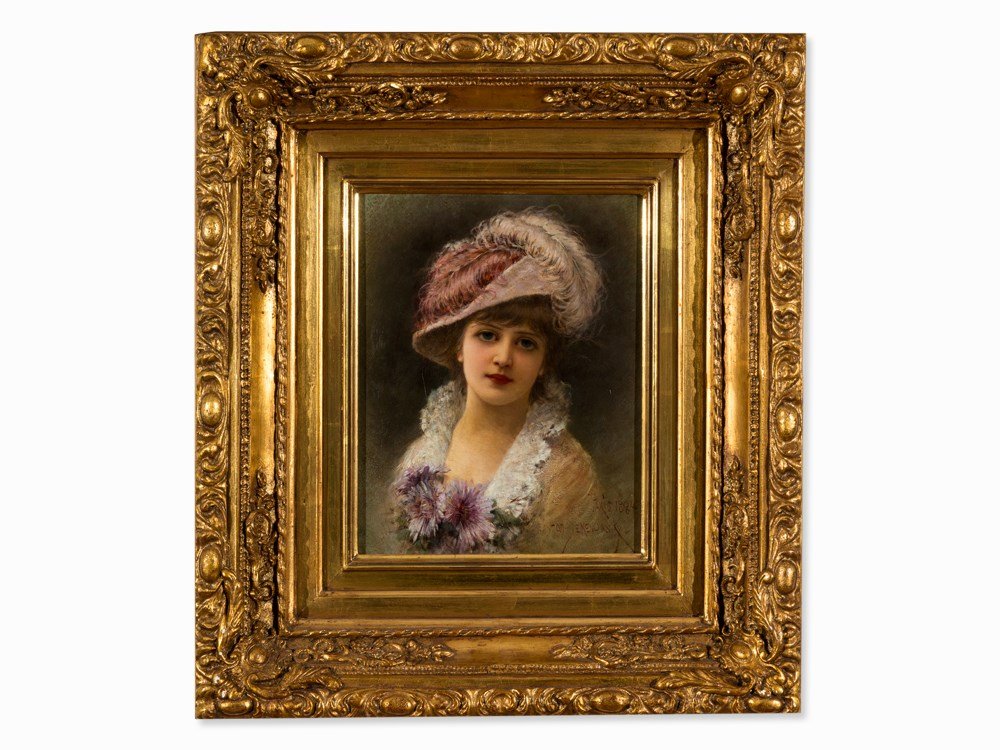 Emile Eisman-Semenowsky (1857-1911), Elegant Lady,: Oil on panel France, presumably circa 1890 Emile Eisman-Semenowsky (1857-1911) – Polish-French painter Dated and signed lower right, ‘PARIS 1884 / EISMAN-SEMENOWSKY’ Old label of Kunstsalon Kron