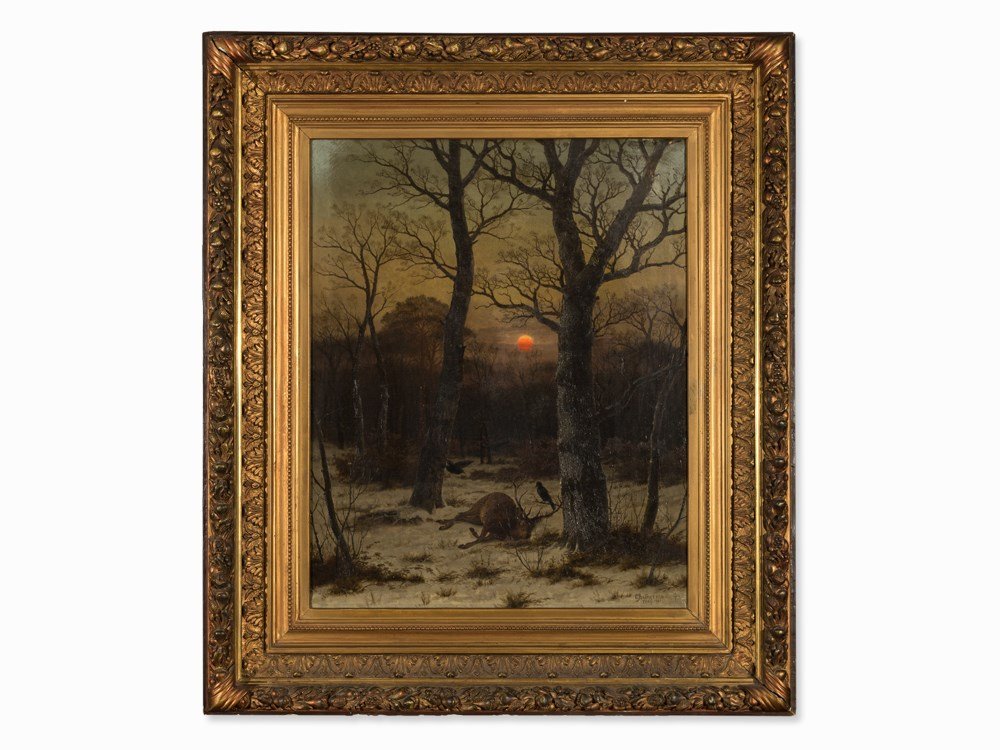 Caesar Bimmermann (1828-1890), Deer in Winter: Oil on canvas Germany, Düsseldorf, 1885 Caesar Bimmermann (1828-1890) - Düsseldorf landscape painter Signed and dated lower right with location ‘C. Bimmermann. Dldf. 1885’ Dimensions: 94 x 76 cm