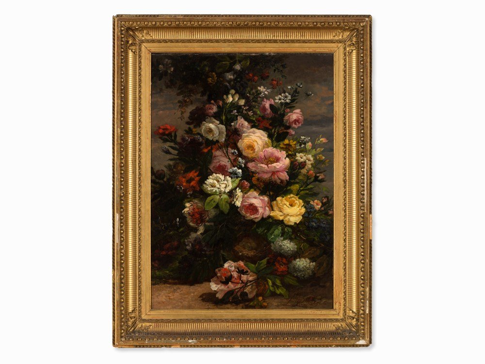 Louis J.-B. Boulangé (1812-1878), Flower Still Life,: Oil on canvas, relined France, 19th century Louis-Jean-Baptiste Boulangé (1812-1878) - French painter and pupil of Eugène Delacroix Signed ‘L Boulangé’ lower right Old label of the French frame
