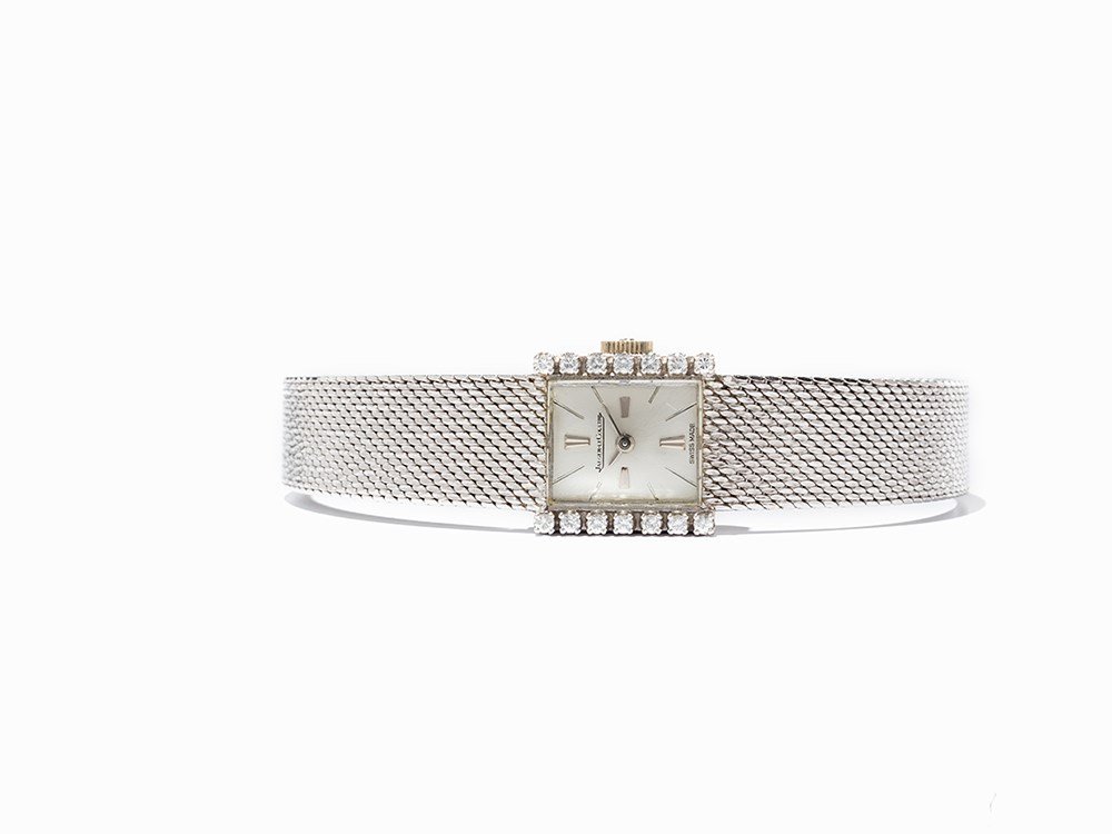 Jaeger LeCoultre Women’s Watch with 14 Diamonds, c.: Jaeger LeCoultre women’s watch Switzerland, circa 1960 Manual wind movement, calibre 840; hour, minute Silver dial, silver hands Watch case, strap and folding clasp of 18 carat white gold Watch case