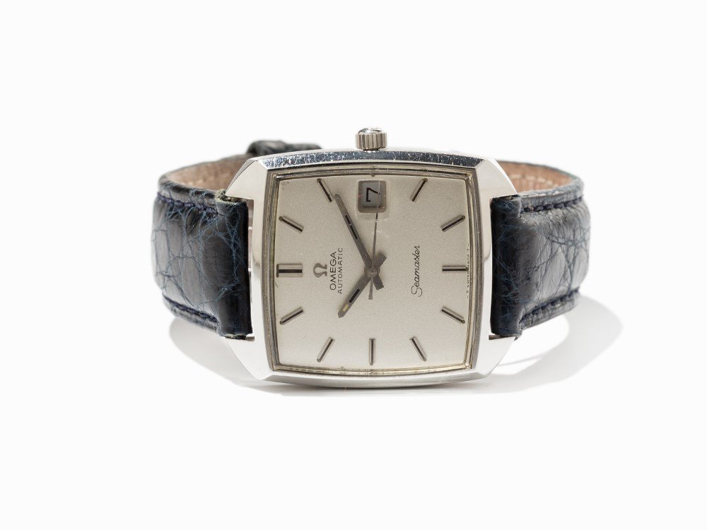 Omega Seamaster Wristwatch, Switzerland, Around 1975: Omega Seamaster wristwatch Switzerland, around 1975 Automatic movement, hour, minute, second, date Silver dial, silver hands Watch case of stainless steel Blue alligator leather strap with pin buckle
