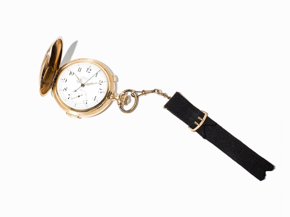 Audemars Freres Chronograph With Repetition, Around: Audemars Freres gold hunter watch chronograph with repetition Switzerland, around 1900 Crown wound, calibre 21 ¾‘’’; hour, minute, subsidiary second White enamel dial, gold Louis XV hands, blue