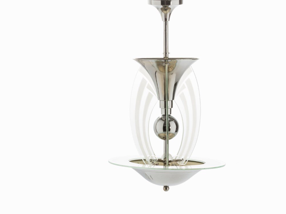 Henri Petitot, Art Deco Ceiling Light, France, circa: Metal, lacquered in white and chromed; glass, partly etched opaque France, circa 1930 Henri Petitot - French Art Deco lightning manufacturer, established in Paris in 1917 Six-light fixture Height: cir