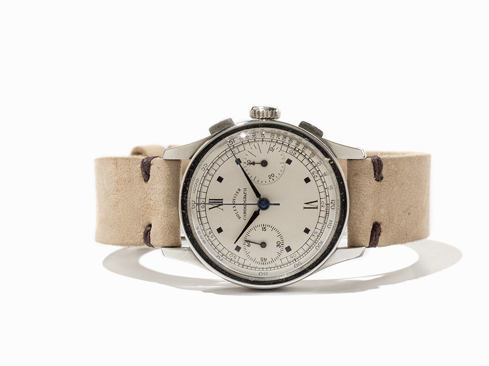 Rolex Oyster Chronograph, Ref. 2811, Switzerland,: Rolex Oyster chronograph, ref. 2811 Switzerland, around 1938 Manual wind movement, calibre 13’’’; 17 jewels, hour, minute, second, chronograph Silver dial, blued hands Watch case and original pi