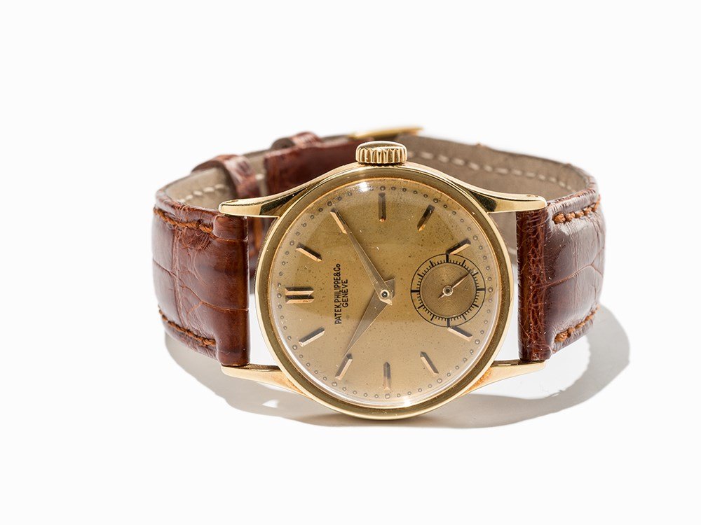Patek Philippe Calatrava, Ref.96, Switzerland, Around: Patek Philippe Calatrava, ref. 96 Switzerland, around 1950 Manual wind movement; 18 jewels, hour, minute, subsidiary second Gold dial, gold hands Watch case and original pin buckle of 18K gold Origina