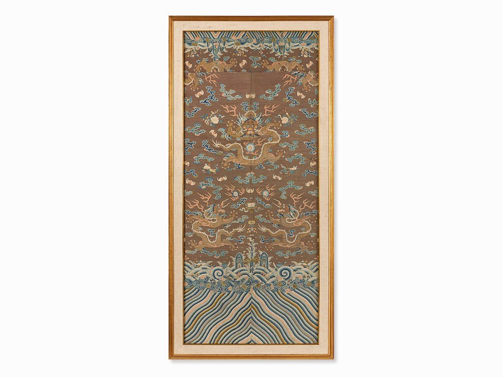 Silk Panel with 3 Dragons above Waves, China, 19th C. (1 of 10)
