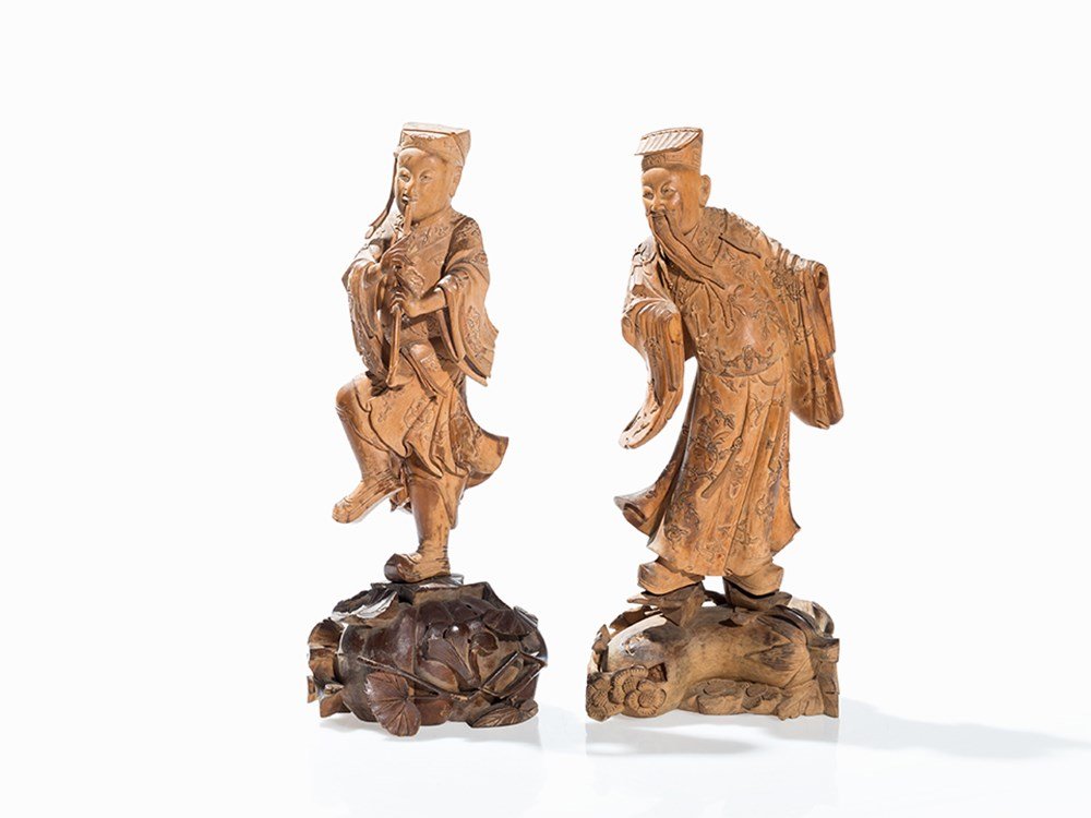 Two Figurines of Immortals, Carved Wood, c. 1900 (1 of 10)