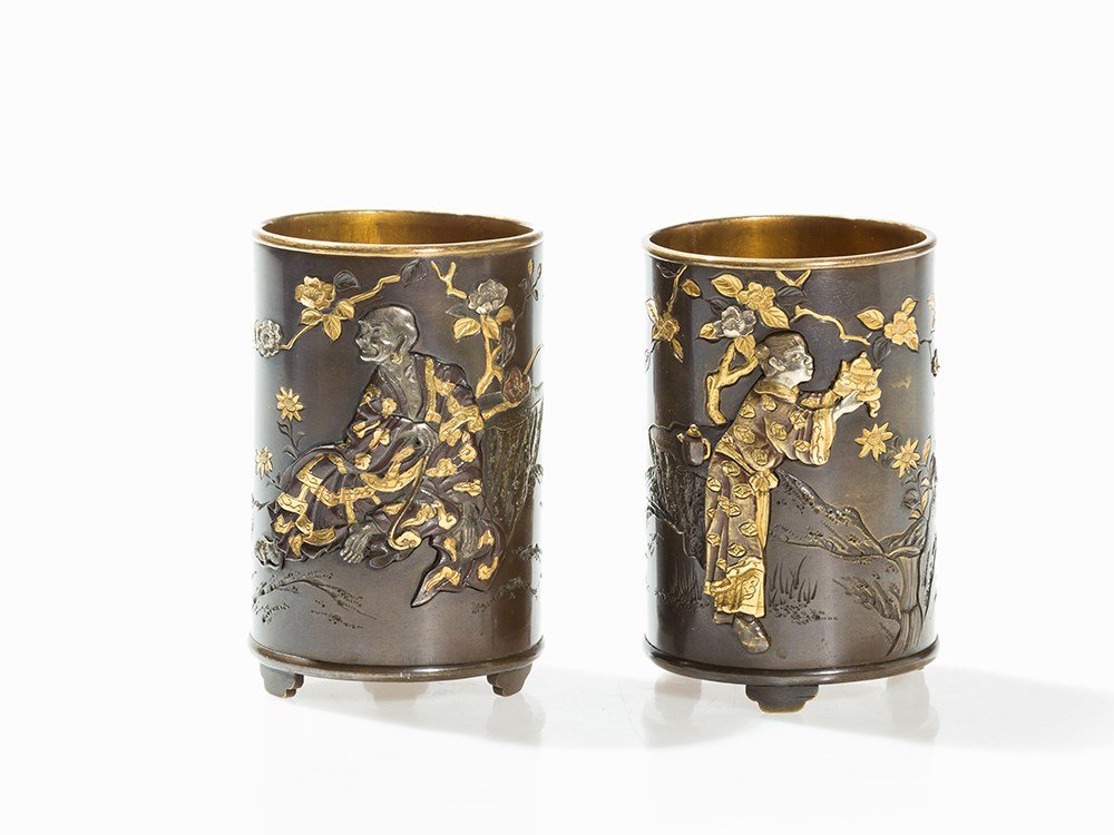 Pair Bronze Brush Pots with Shibuichi and Sentoku, (1 of 10)