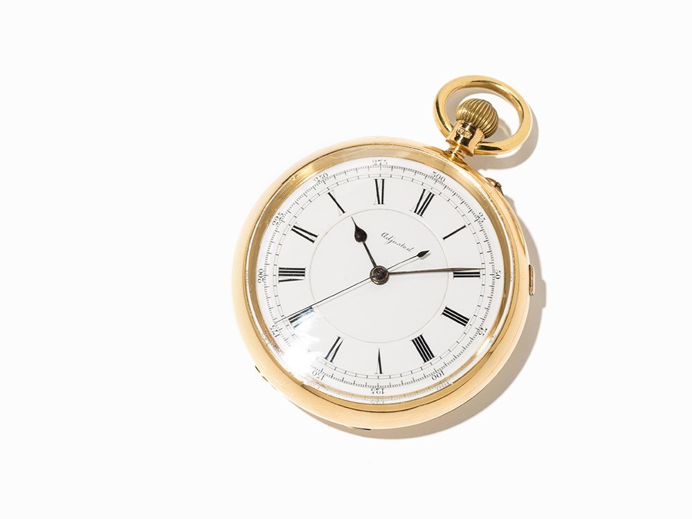 Gold Pocket Watch with stoppable centre second, Around: Gold lever chronometer pocket watch No. 139.445 with stoppable centre second. Movement made in about 1883 by Louis Audemars for the English market Fitted into an English case in about 1900 by the succ