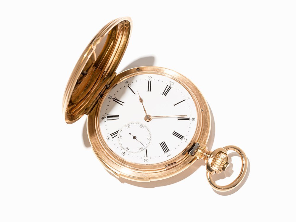 Gold hunter with Minute Repetition, Around 1884: Gold hunter No. 78.142 with minute repetition. Blank made in about 1884 by Louis Audemars and finished the successor Louis Audemars company with their own serial No. 78.142, in about 1896 for the Hain