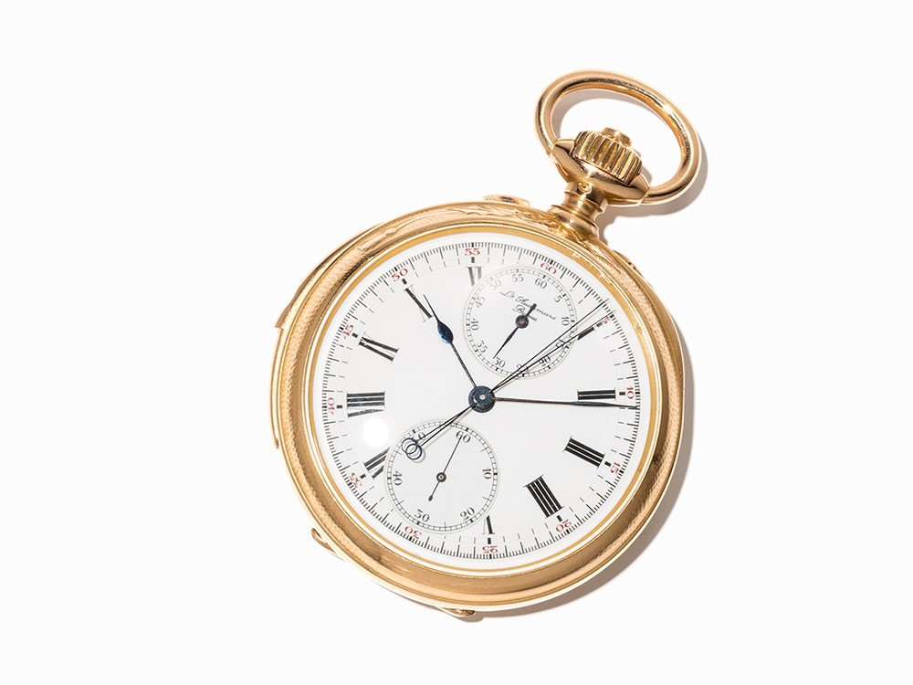 Pocket Watch with Minute Repetition & Chronograph: Gold pocket watch No. 38.422 with minute repetition, rattrapante chronograph and 60 minute timer. Movement made in about 1884 by Louis Audemars, case in about 1900, sold by successor firm Louis Audema