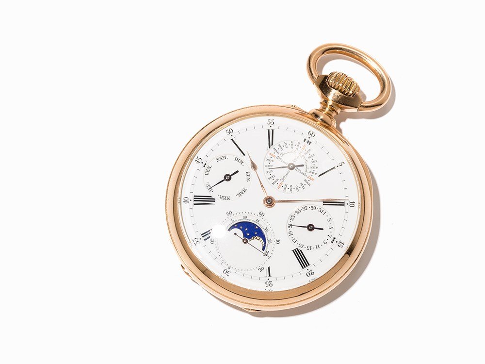 Gold Pocket Watch, Lever Chronometer with Perpetual: Gold pocket watch No. 12.869, lever chronometer with calendar, movement made circa 1878, case about 1882. Four-piece, 18 Ct. gold case. Signed: “No 12869 Louis Audemars BRASSUS & GENEVE” on the Do
