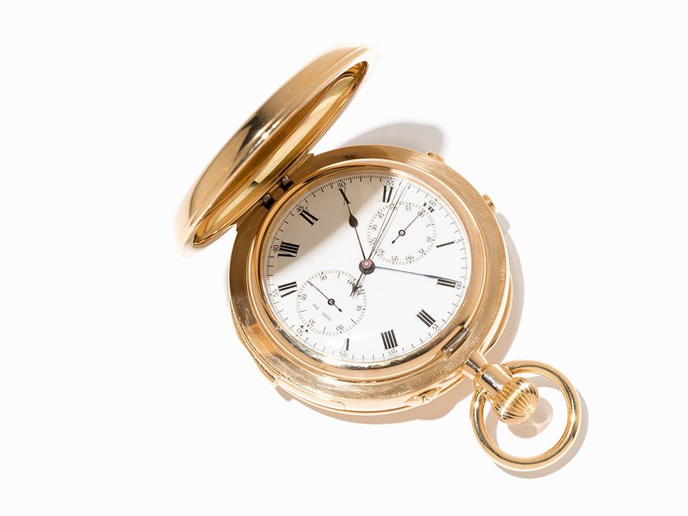 Gold Hunter with Minute Repetition & Chronograph: Gold hunter No. 15.073 with minute repetition, rattrapante chronograph and 60 minute-timer, movement made in about 1873 by Louis Audemars for the English market, finished by successor company Louis Au