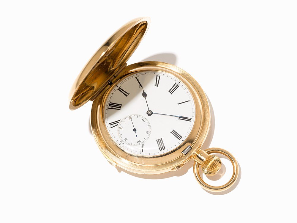 Hunter, Minute Repetition & Westminster chimes striking: Gold hunter No. 16.513 with minute repetition and Westminster chimes striking work, blank made in about 1879, finished in about 1898 by the successor company Louis Audemars. Five-body, solid, polished