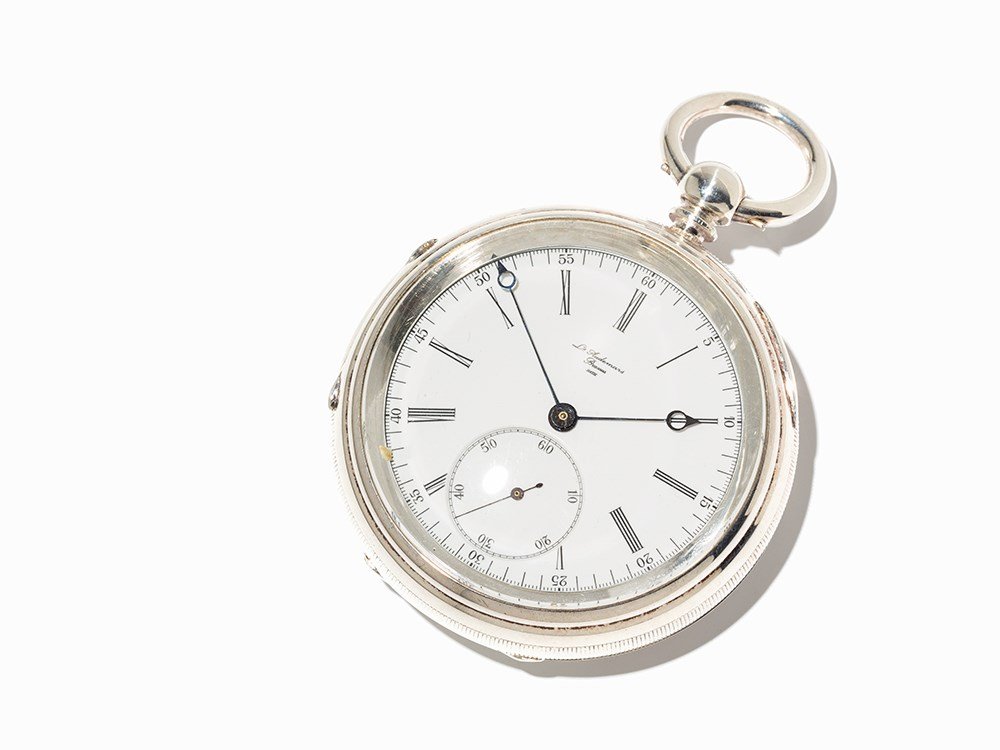 Silver case No.2.038, key-wound movement finished in: Silver case No. 2.038, key-wound movement finished in about 1843. Four-body, stepped silver case with three-piece hinges. Dome signed: “LOUIS AUDEMARS BRASSUS No 2038”, reeded band. Diameter: 61.3