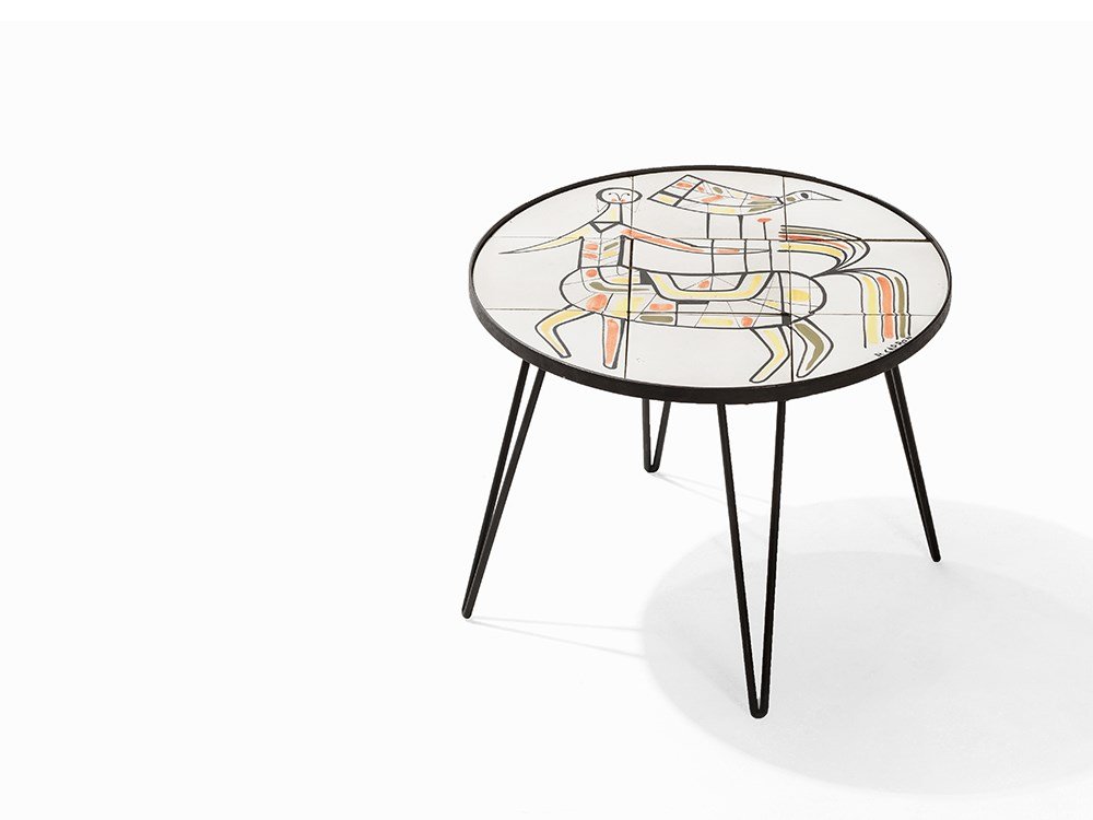 Roger Capron, Tile-Topped Occasional Table, c. 1960: Black painted iron, ceramic tiles with polychrome hand-painting France, circa 1960 Roger Capron (1922-2006) – French ceramist The iron frame with round table top on four hairpin legs The tabletop co