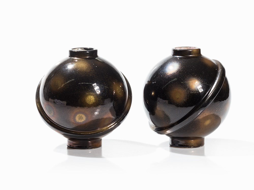 Robert Lallemant, Pair of Spherical Vases, c. 1930: Brown glazed earthenware with gold speckled decoration France, circa 1930 Robert Lallemant (1902-1954) – French ceramic artist and designer of the Art Deco Each base signed ‘TR LALLEMANT FRANCE’