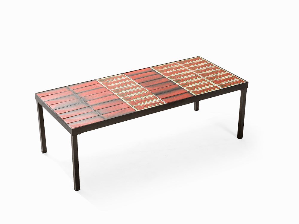 Roger Capron, Tile-Topped Coffee Table, c. 1961: Black painted iron, ceramic tiles with polychrome hand-painting France, circa 1961 Roger Capron (1922-2006) French ceramist The iron frame with rectangular table top on four straight square legs The t
