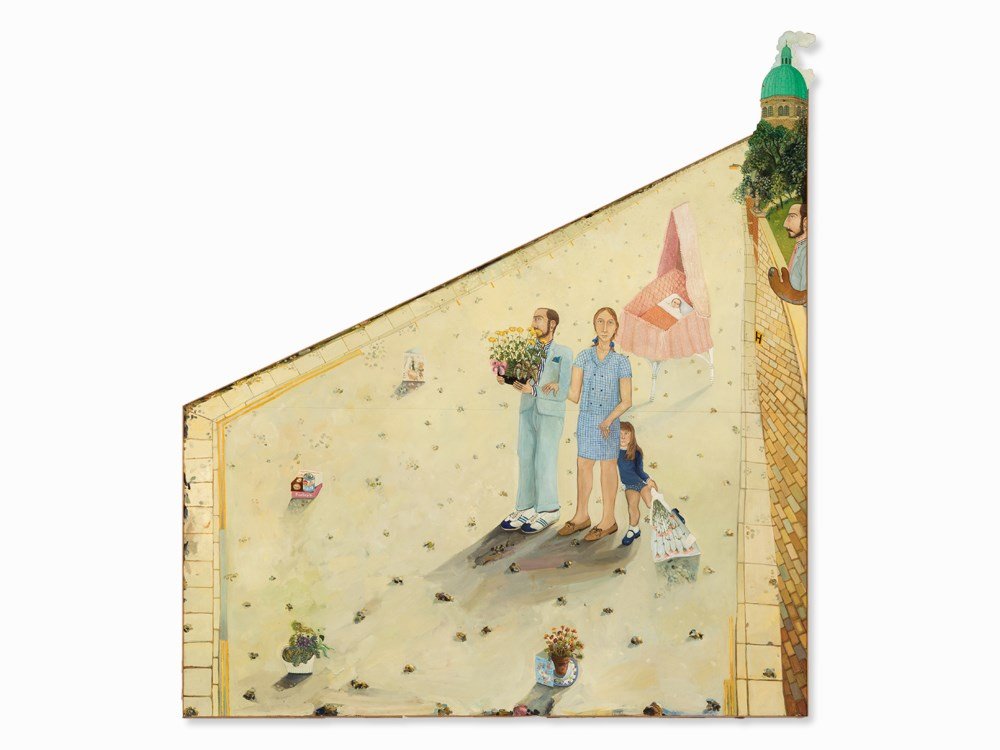 Anthony Green (b. 1939), Highgate Hill, Oil Painting,: Oil on fiberboard Great Britain, 1970 Anthony Green (b. 1939) - British painter and printmaker Signed and dated on the reverse ‘Anthony Green. August 1970‘ and titled ‘Highgate Hill’ with furt