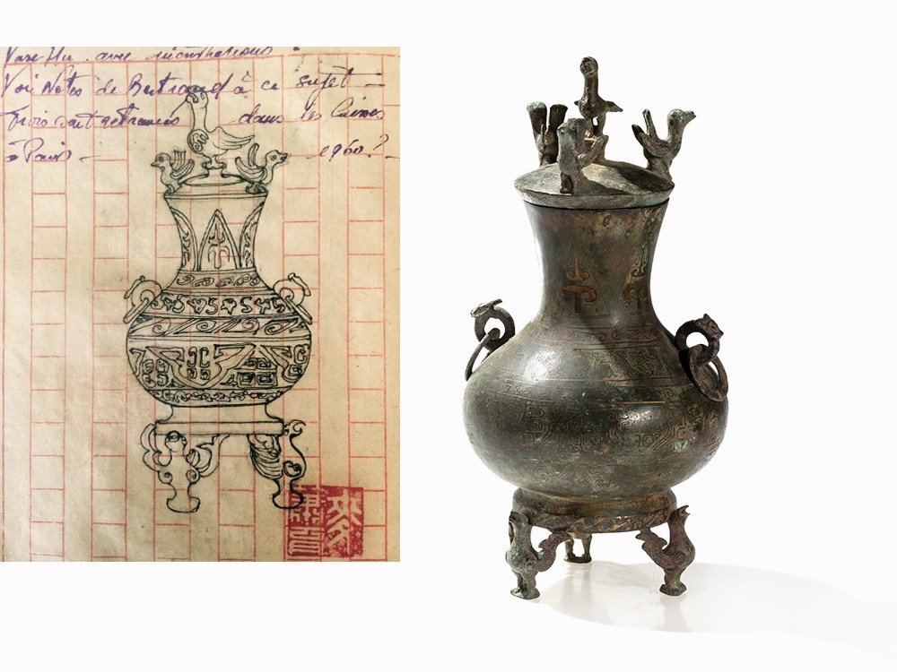 Metal-Inlaid Bronze Vase HU and Cover on Bird Feet, Han: Bronze, metal inlays China, Han dynasty (206 BC – 220 AD) Provenance: Property of a French noble man, in the family collection since at least 1967 Listed in the collection inventory from 1967 (see s