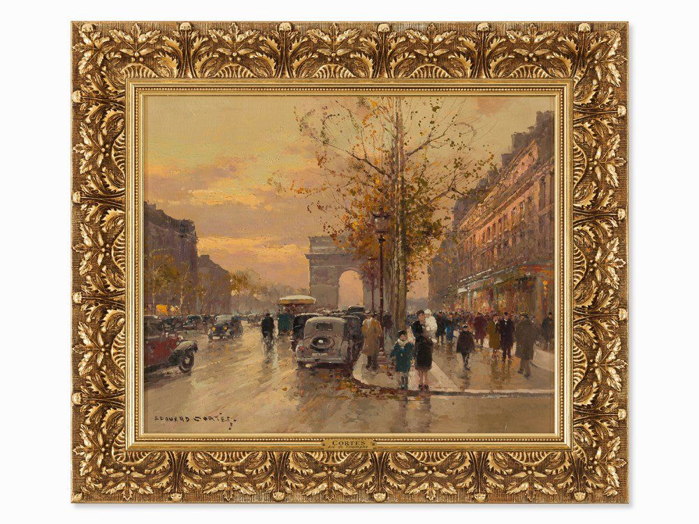 Edouard Cortès (1882-1969), View of the Arc de: Oil on canvas France, circa 1965 Edouard-Leon Cortès (1882-1969) - French painter of the late Impressionism Signed lower left ‘Edouard Cortes’ Stamped on the stretcher ‘BREFFORT - 88 Bd Magenta