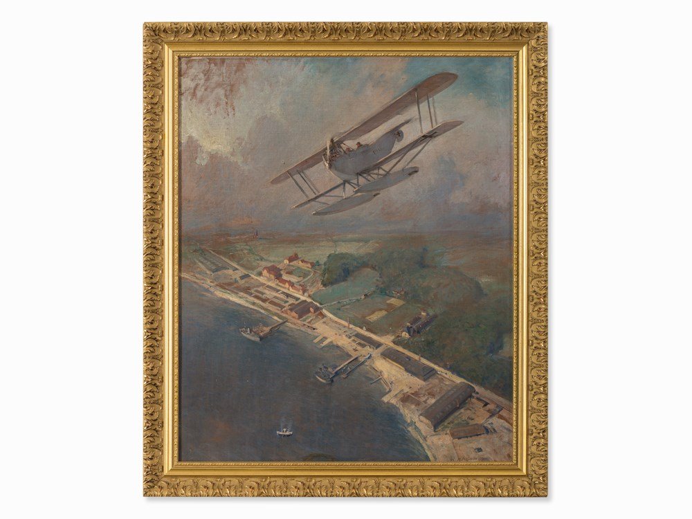 C. Malchin, Biplane of the German Empire air force,: Oil on cardboard Germany, 1918 Carl Wilhelm Christian Malchin (1838-1923) - German painter and conservator Signed and dated lower right ‘W. Malchin 1918’ Dimensions: 61 x 50 cm Framed: 69 x 59 cm 