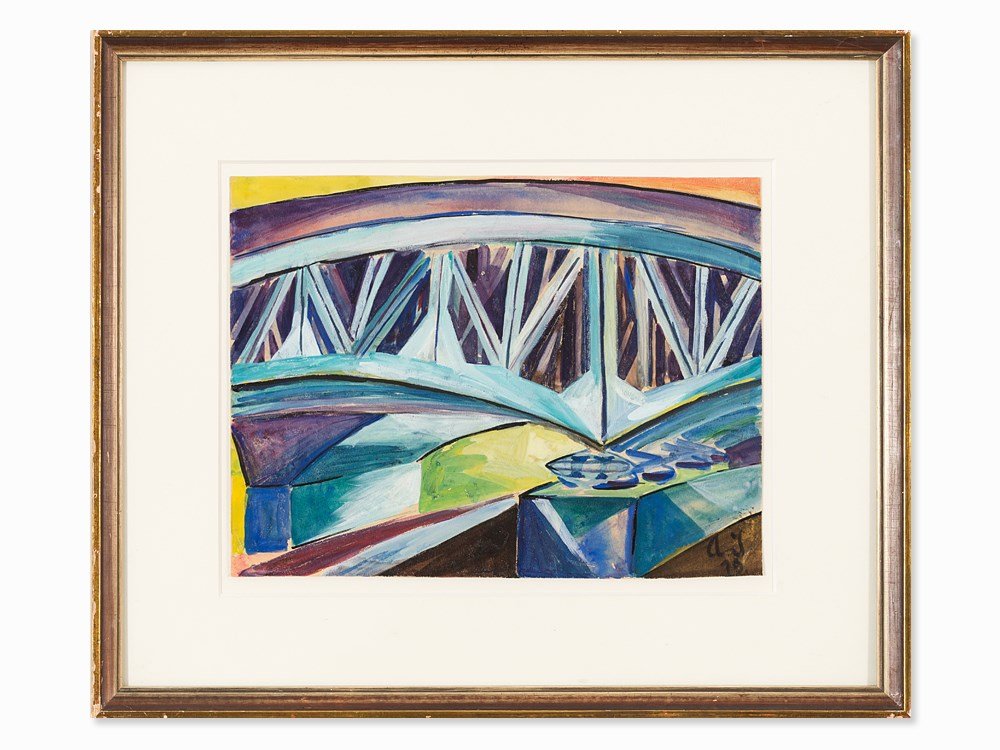 Annemarie Jacob (1891-1990), The Bridge, Watercolor,: Watercolor, tempera and pencil on light cardboard Germany, 1919 Annemarie Jacob (1891-1990) - German painter of Expressionism Monogrammed and dated lower right ‘A.J. 19’ Sheet diemnsions: 25.5 x 3