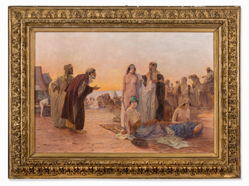 Otto Pilny (1866-1936), Slave Market in the Sahara,: Oil on canvas Egyt/Switzerland, late 19th century Otto Pilny (1866-1936) - Swiss painter of Czech origin Signed ‘OTTO PILNY.’ lower right Dimensions: 106 x 158 cm Gilt wooden stucco frame: 155 x 2
