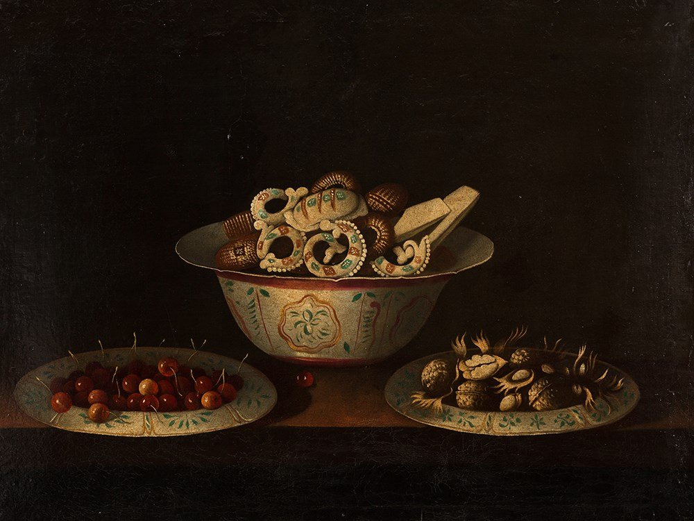 Juan v. d. Hamen y Leon, attr., Still Life With Sweets,: Oil on canvas, relined Spain, 17th century Attributed to Juan van der Hamen y León (1596-1631) – Spanish still life painter Dimensions: 62.5 x 83.5 cm Frame: 72.5 x 94.5 cm Provence: Private collec