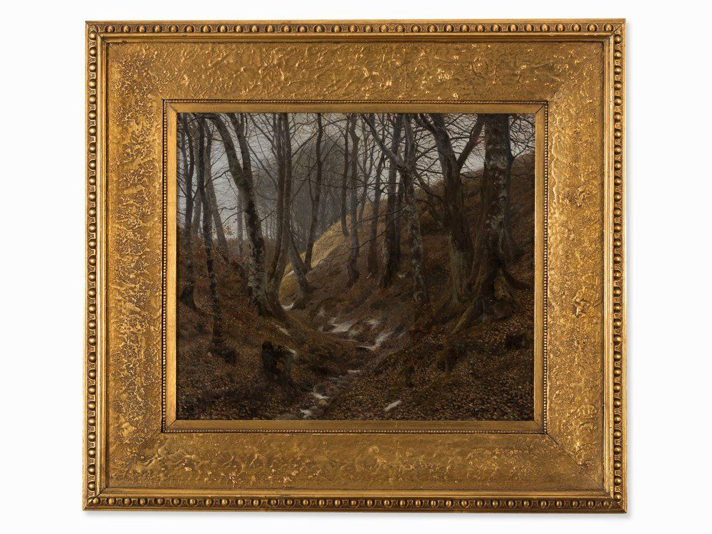 Jens Thomsen Jensen (1862-1925), Wintery Birch Grove,: Oil on canvas, relined Denmark, 1888 Jens Thomsen Jensen (1862-1925) – Danish landscape painter Signed and dated lower right ‘JTh. Jensen. 1888’ Remains of an old typographic label ‘EXPOSITION