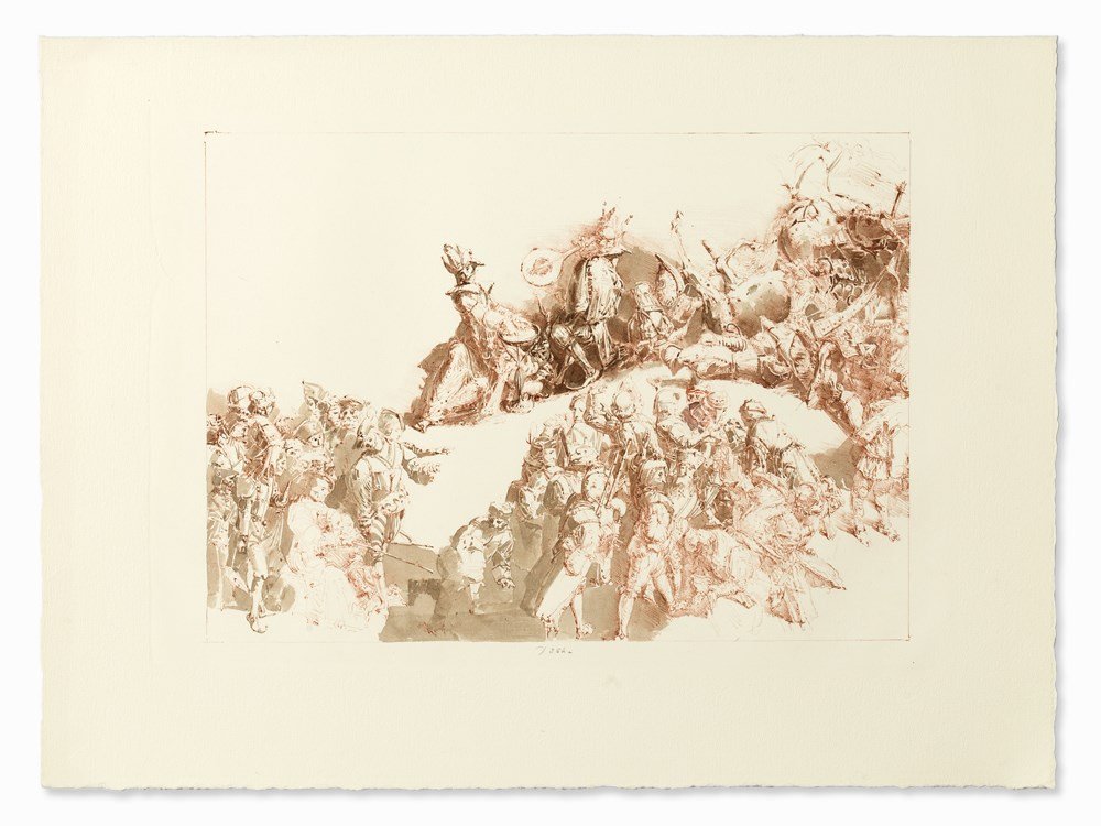 Werner Tübke (1929-2004), Pilatus und Narr, 1981/1988: Watercolor on lithograph on wove paper Germany, 1981 (lithograph) and 1988 (watercolor) Werner Tübke (1929-2004) – German painter and graphic artist; one of the most important painters of the forme