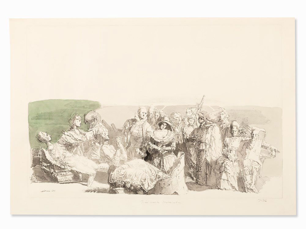 Werner Tübke, Zwei Hexen werden betrachtet, Lithograph,: Colored lithograph on laid paper Germany, 1980 Werner Tübke (1929-2004) – German painter and graphic artist; one of the most important painters of the former GDR and exponent of the School Signed i