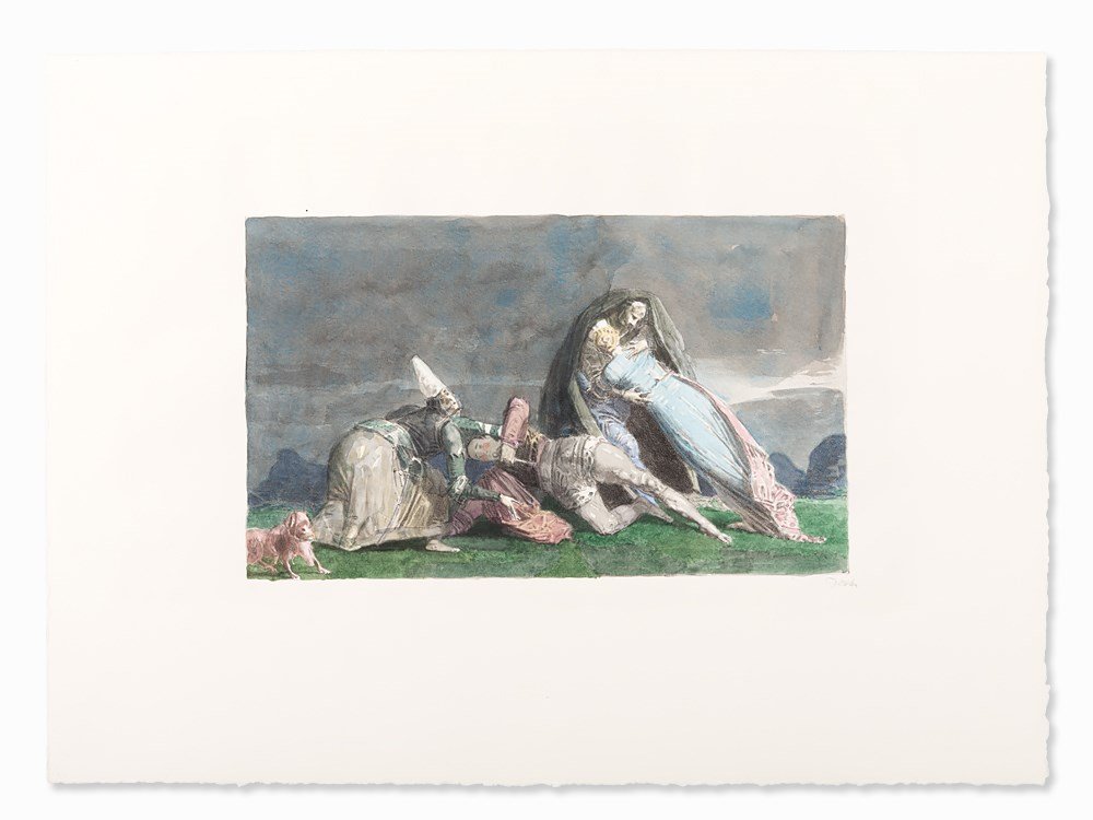 Werner Tübke, Mordszene, Colored Lithograph, 1987: Colored Lithograph on wove paper ‘Hahnemühle’ (watermark) Germany, 1987 Werner Tübke (1929-2004) – German painter and graphic artist; one of the most important painters of the former GDR and e