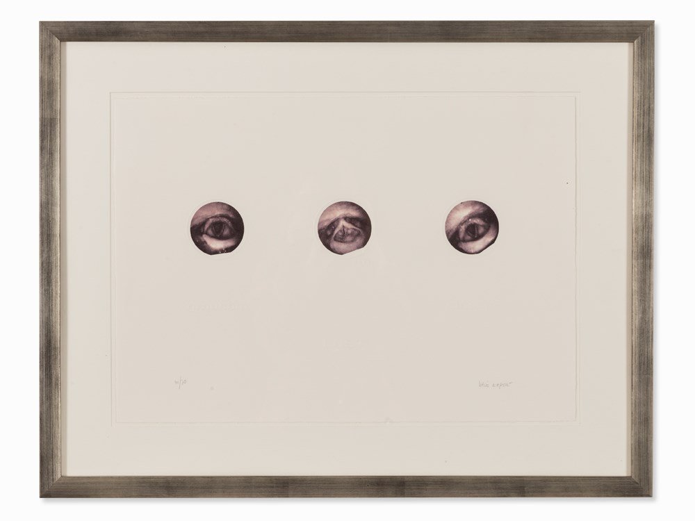 Valie Export, grausam einsam Lust, Color Serigraph,: Serigraph in colors and embossing on wove paper Austria, 1997 Valie Export (b. 1940) Austrian media and performance artist Signed VALIE EXPORT and numbered 40/70 in pencil Image dimensions: 19.7 x 41