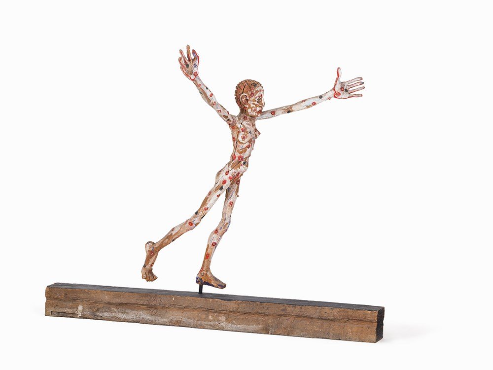 Hans Scheib (b. 1949), Fleeing Girl, Wood Sculpture, c.: Wood, partly painted Germany, presumably around 1990 Two-part wooden sculpture Hans Scheib (b. 1949) - German sculptor and graphic artist Dimensions of the figure: circa 155 x 150 x 64 cm; dimensions