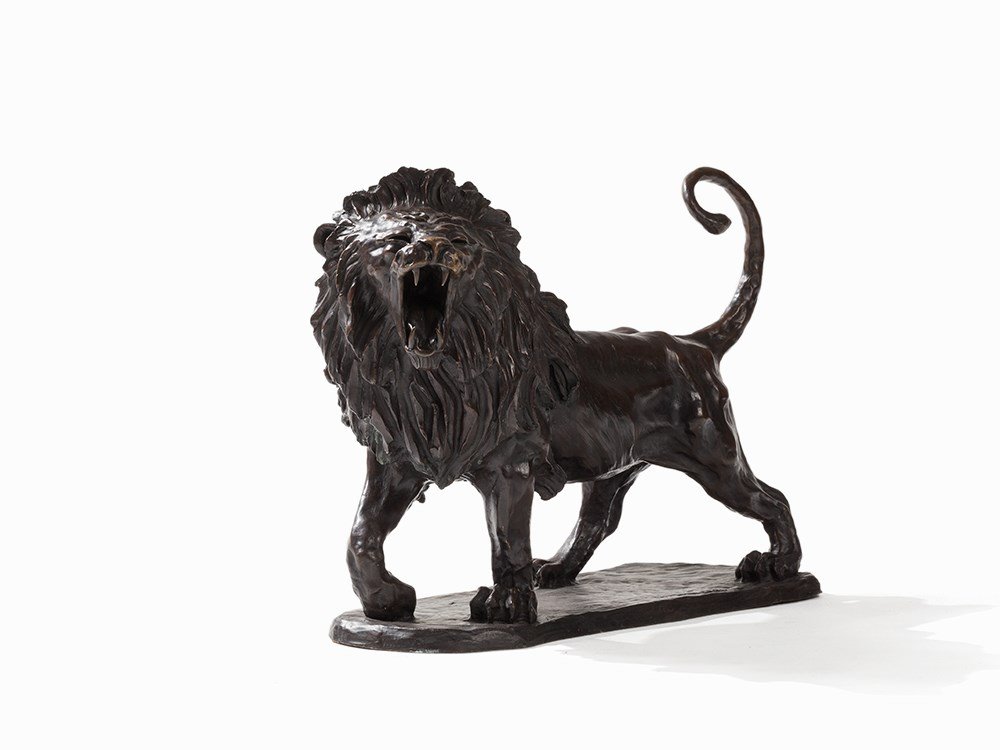 Jos Maria David, Lion Rugissant, Bronze, c. 1995: Bronze with brown patina France, circa 1995 Jos Maria David (b. 1944) French animal sculptor On the front of the plinth with the engraved signature Jos Maria David Verso with foundry mark (illegible)