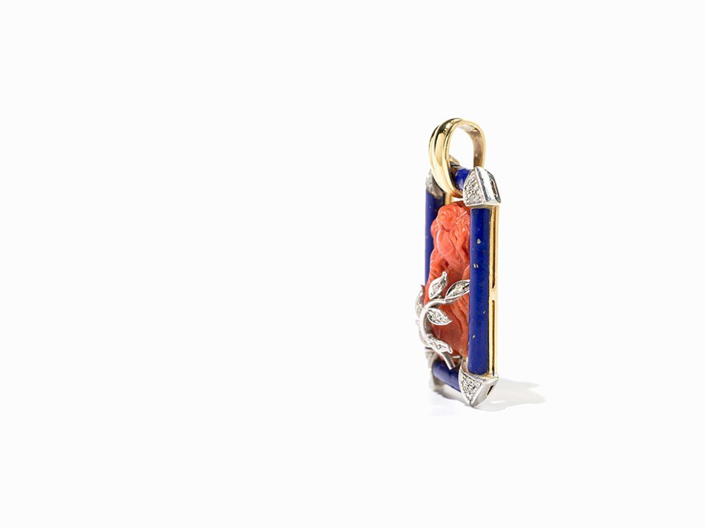 Enamel Coral Pendant with Diamonds, Italy, circa 1980 (1 of 7)