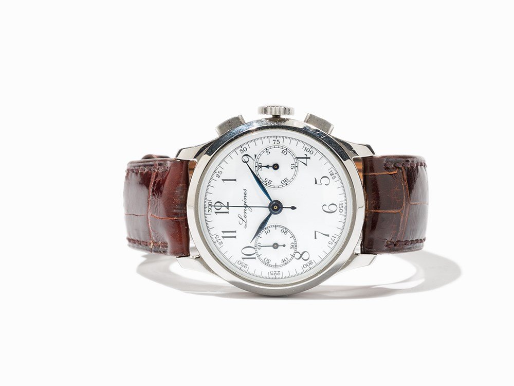 Longines, early Chronograph, Switzerland, C. 1937: Longines, early chronograph Switzerland, c. 1937 Manual wind movement, calibre 13ZN; hour, minute, second, chronograph White enamel dial, blued hands Watch case of stainless steel Brown leather strap