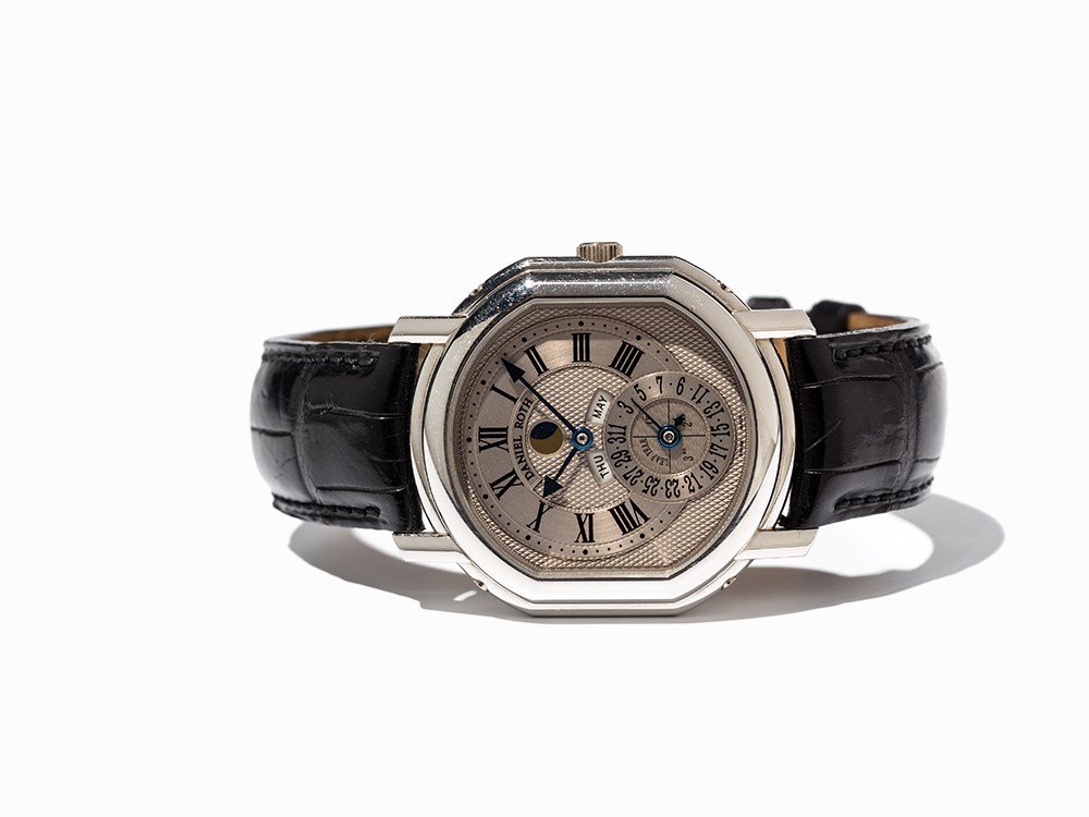 Daniel Roth Perpetual Calendar, Ref. 118.X.70,: Daniel Roth perpetual calendar, ref. 118.X.70 Switzerland, c. 1995 Automatic movement, calibre DR 114, adj. 5; 27 jewels, hour, minute, perpetual calendar, moon phase Silver dial, blued hands Watch ca