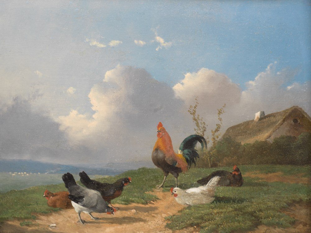 Frans van Leemputten (1850-1914), Oil, Chicken Yard,: Oil on panel Belgium 19/20th Century Frans van Leemputten (1850-1914) - Belgian painter and draftsman Signed lower right "F. van Leemputten" Stucco frame Dimensions: 17,5 x 23,8 cm Good condition Floc