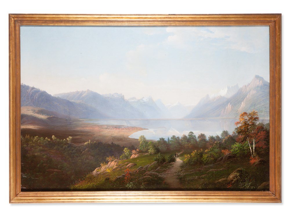 August Ludwig Erhard Boll (1805-1875), Painting, Lake: Oil on canvas Germany, 1852 August Ludwig Erhard Boll (1805-1875) – German landscape painter Signed and inscribed lower right ‘L. Boll Dresden’ Verso titled, signed, dated and inscribed “Blick