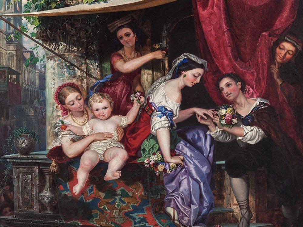 Carl L. F. Becker (1820-1900), Venetian Engagement, c.: Oil on canvas Germany, circa 1850 Carl Ludwig Friedrich Becker (1820-1900) – German history painter Signed ‘C. Becker’ (hardly legible) lower right in the balustrade (partly retraced) Verso insc