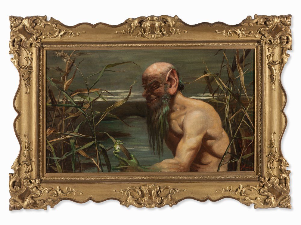 Harald Friedrich, Oil Painting, The Aquarius, Germany,: Oil on canvas Germany, around 1900 Harald Otto Julius Friedrich (1858 - 1933) – German painter Signed in red on the lower right ‘H. Friedrich‘ Overall dimensions framed: 89.5 x 56.5 cm Decorativ