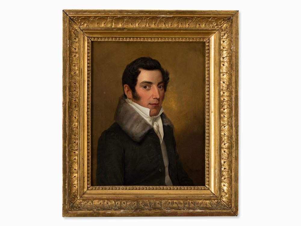 Biedermeier Portrait of a Man, Oil Painting, 1830: Oil on canvas German-speaking country, 1830 Monogrammed and dated lower right, ‘CH p. 1830’ Dimensions: 18 x 22 cm Gilt ornate frame: 37.5 x 32 cm Good condition Very finely painted and expressive
