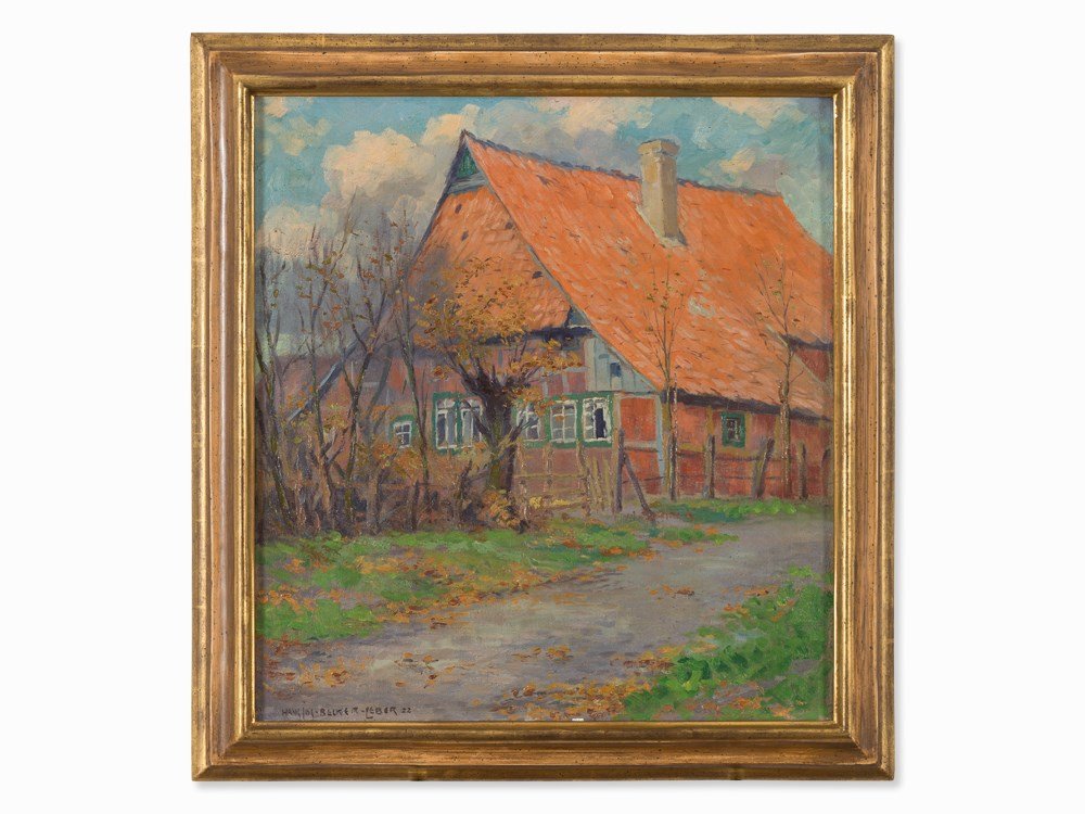 Hans Josef Becker-Leber, Painting, Farmstead, Germany,: Oil on canvas Germany, 1922 Hans Josef Becker-Leber (1876-1962) German portrait and landscape painter Signed and dated at the lower left Hans Jo. Becker-Leber 22 Dimensions of canvas: 56.5 x 52.4 cm V