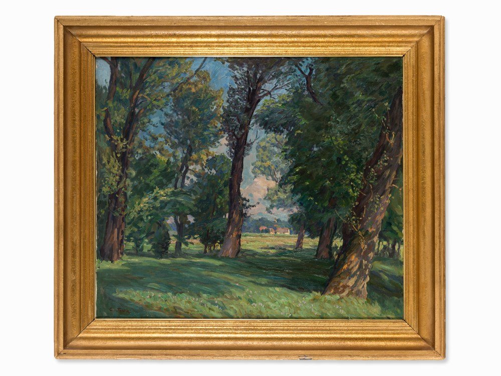 Carl F. Felber (1880-1932), Painting, Poplar Forest, c.: Oil on canvas, relined Presumably Bavaria, circa 1910 Carl Friedrich Felber (1880-1932) Swiss-German painter and etcher Signed lower left C. Felber With old gallery labels on the verso Dimensions: 90.
