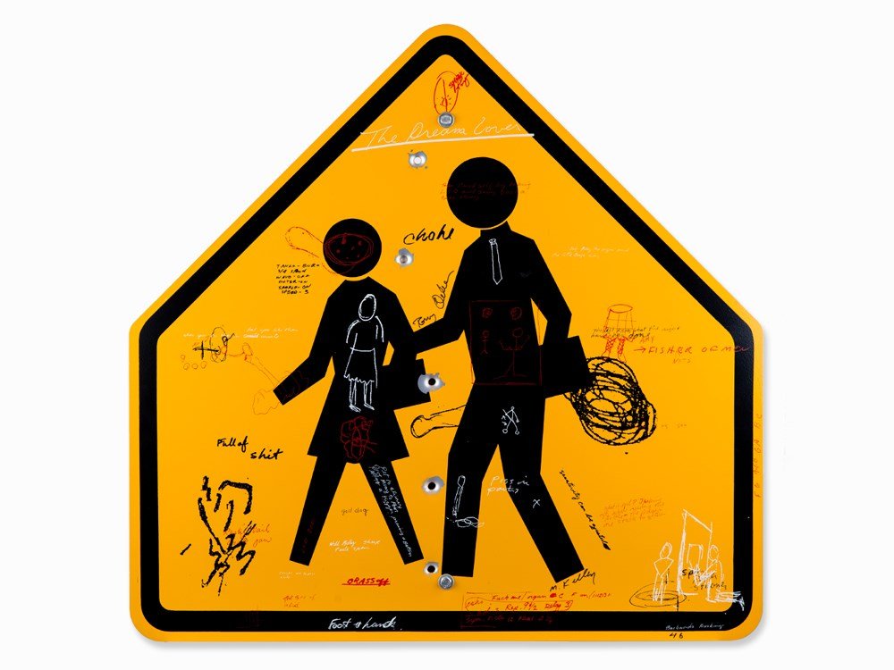 Mike Kelley and Tony Oursler, Poetics Country, 1997: Screenprint on baked enamel road sign with bullet holes USA, 1997 Mike Kelley (1954-2012) American artist Tony Oursler (born 1957) American artist Signed and numbered Tony Oursler M. Kelley 46 Edition