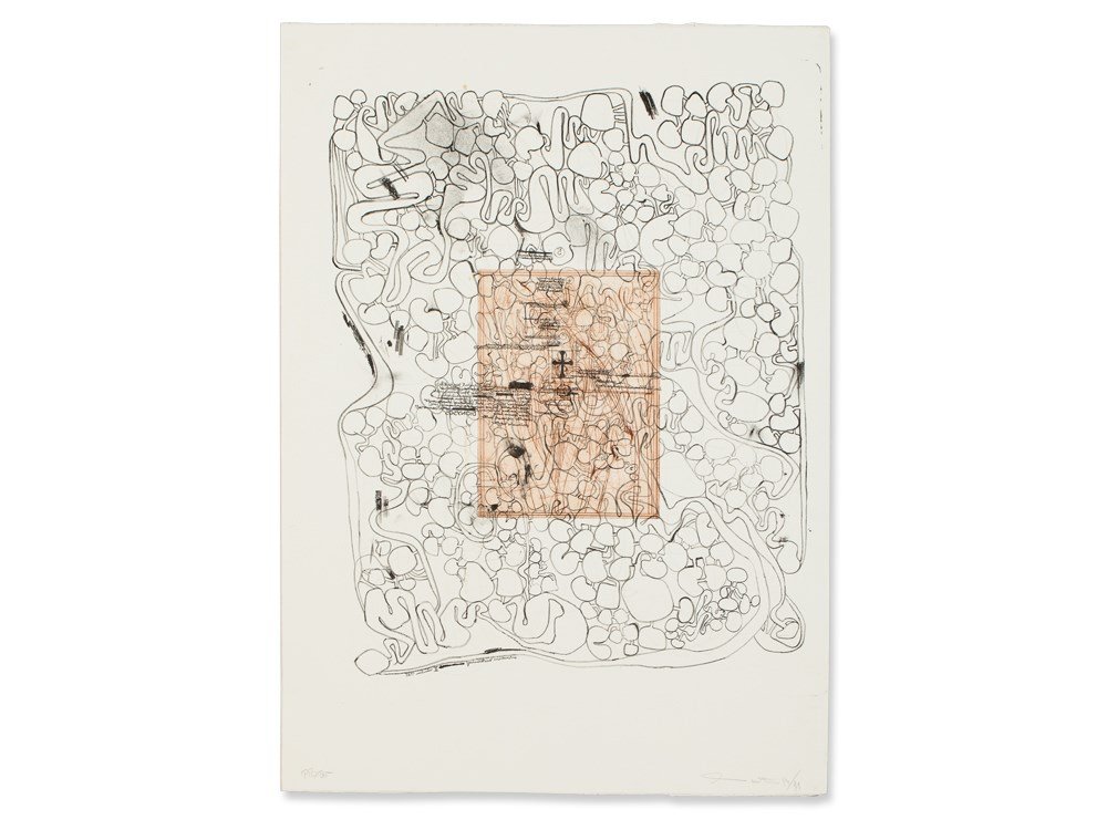 Hermann Nitsch, Unterirdische Theateranlage II,: Lithograph over etching on BFK Rives Germany, 1984/91 Hermann Nitsch (b. 1938) Austrian painter and performance artist Signed and dated with pencil lower right H. Nitsch. 84/91 Annoted with pencil low