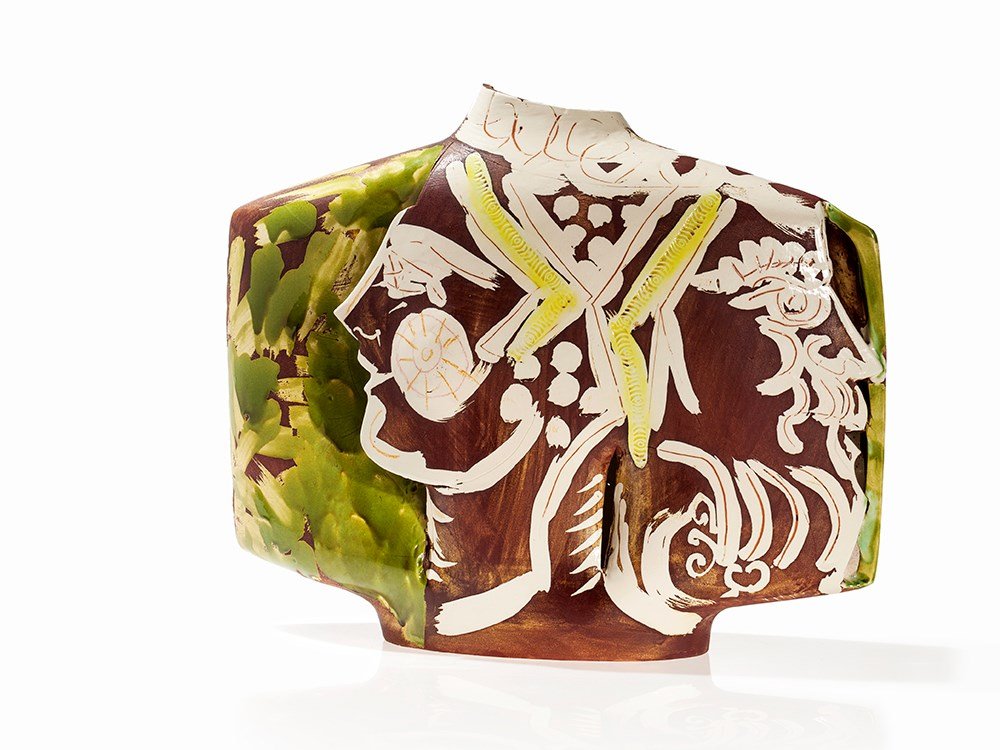 Gilbert Portanier, Vase with Distinctive Painting,: Creme-colored body, polychrome matt and shiny glazed France, 1960s Gilbert Portanier (born 1926) - French ceramic artist Signed 'Portanier' Front side with profile of an ancient female head Expressive
