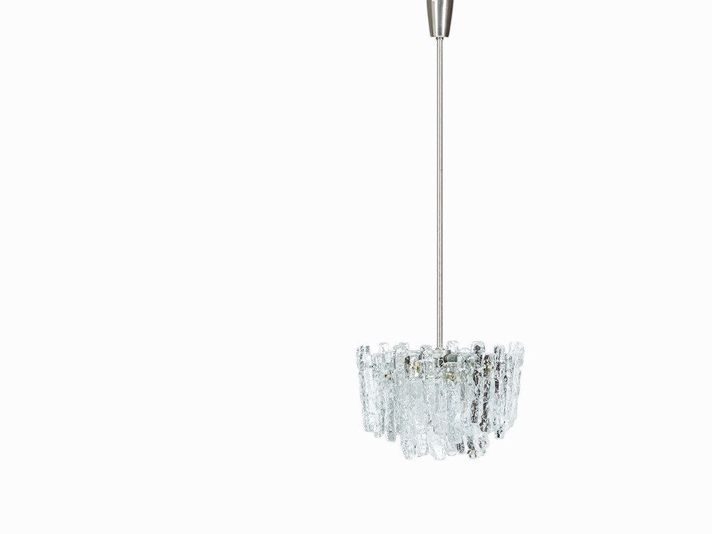 Kalmar Franken KG, Ceiling Lamp, Germany, 1960s: Metal, molded glass Germany, 1960s Manufacturer: Kalmar Franken, KG With manufacturer’s label Glass pieces with icicle look 7-light fixture Height: 100 cm, diameter: 36 cm Very good condition This c